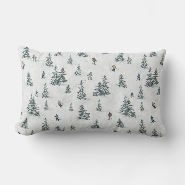 Alpine Skiers and Hidden Yetis - Downhill Skiing  Lumbar Pillow (Front)