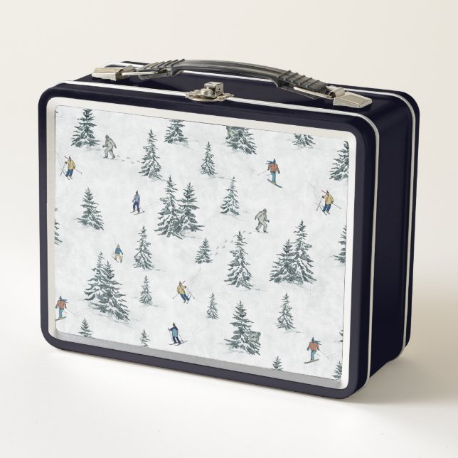 Alpine Skiers and Hidden Yetis - Downhill Skiing Metal Lunch Box (Front)