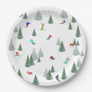 Alpine Skiers Downhill Skiing Illustration  Paper Plates