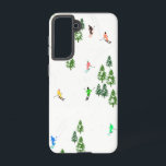 Alpine Skiers Skiing Illustration   Samsung Galaxy S21 Case<br><div class="desc">Cool winter themed skier pattern design with skiers skiing down alpine ski resort slopes among snow covered fir trees in alps. Freeride skiers are wearing colorful vintage retro ski suits, skiing downhill with skis on a white snowy mountain landscape background. Wonderful winter sport fun gift for a skier in your...</div>
