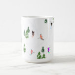 Alpine Skiers Skiing Illustration Skier  Coffee Mug<br><div class="desc">Cool winter themed skier pattern design with skiers skiing down alpine ski resort slopes among snow covered fir trees in alps. Freeride skiers are wearing colorful vintage retro ski suits, skiing downhill with skis on a white snowy mountain landscape background. Wonderful winter sport fun gift for a skier in your...</div>