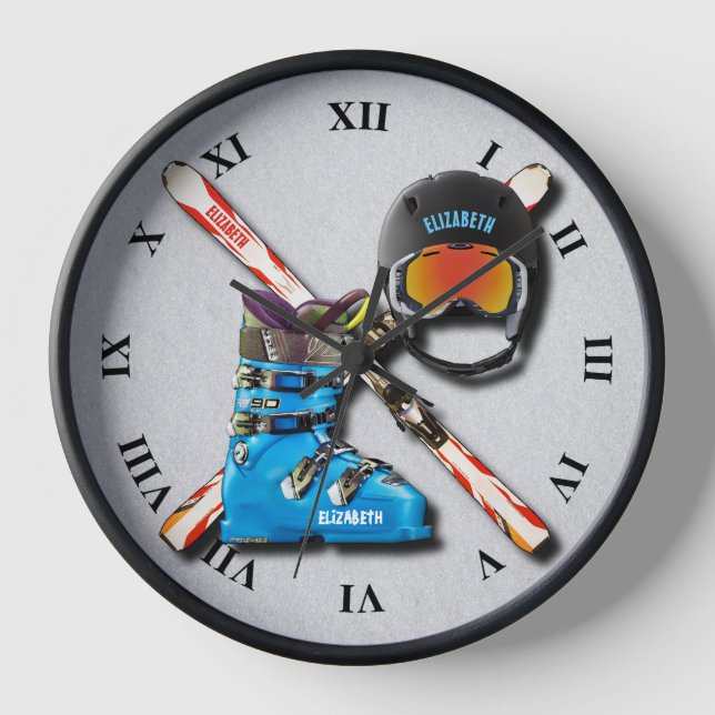 Alpine Skiing Boots Googles Helmet With Your Name Clock (Front)