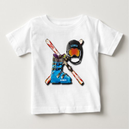 Alpine Skiing Boots Helmet Googles With Your Name Baby T_Shirt