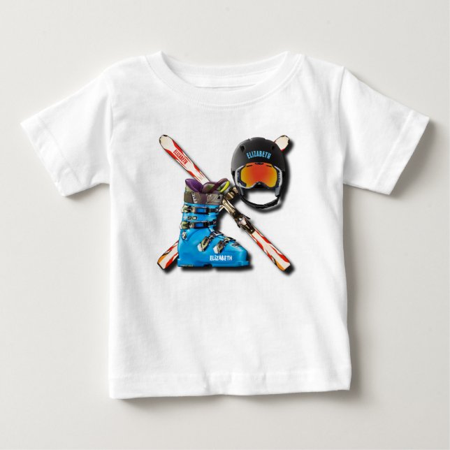 Alpine Skiing Boots Helmet Googles With Your Name Baby T-Shirt (Front)