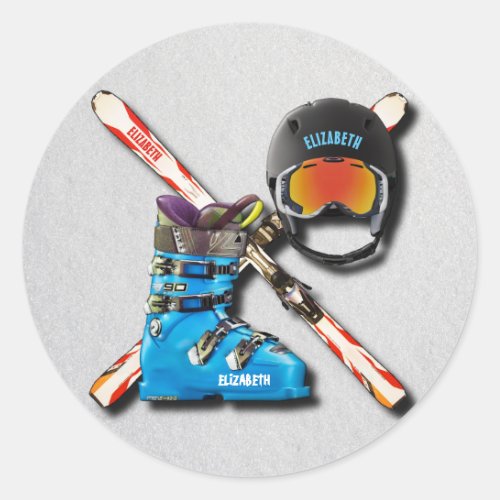Alpine Skiing Boots Helmet Googles With Your Name Classic Round Sticker
