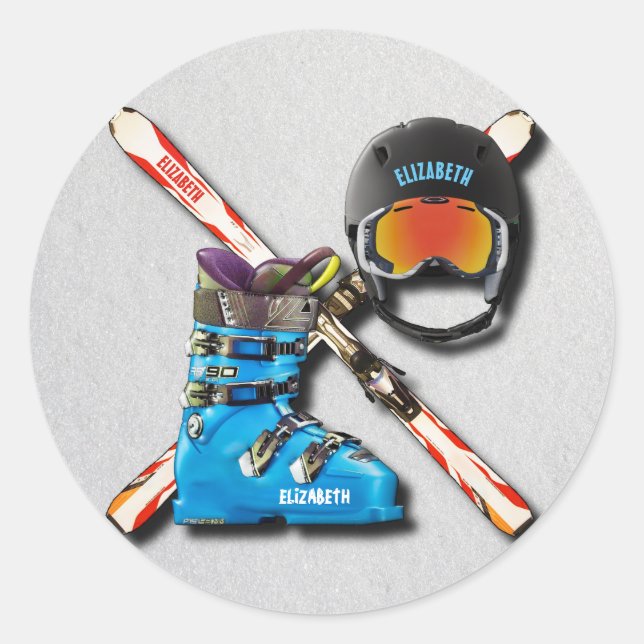 Alpine Skiing Boots Helmet Googles With Your Name Classic Round Sticker (Front)