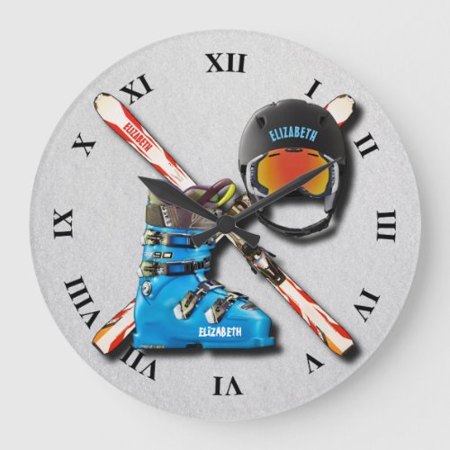 Alpine Skiing Boots Helmet Googles With Your Name Large Clock