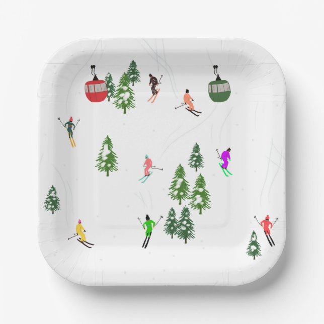  Alpine Skiing | Gondola Ski Lift Holiday Skiers Paper Plates (Front)
