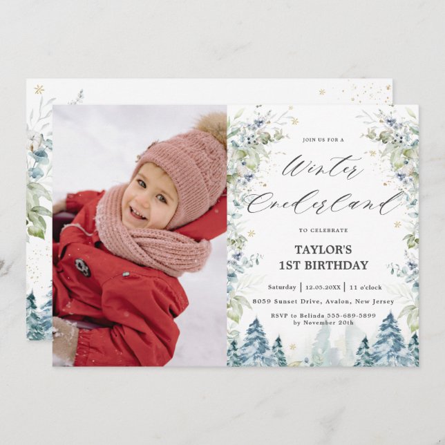 Alpine Trees Winter Onederland 1st Birthday Photo Invitation (Front/Back)