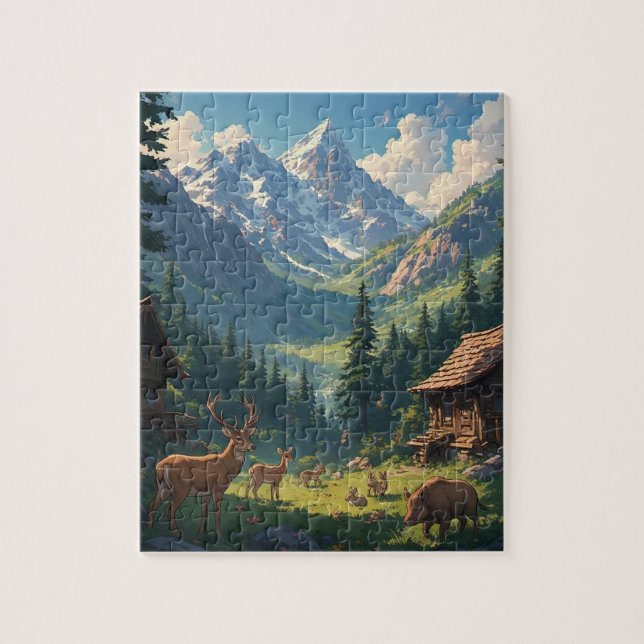 Alpine Valley Cabin Deer Landscape Jigsaw Puzzle (Vertical)