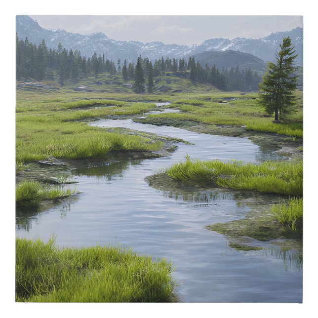 Alpine Valley Stream Green Meadows Snowy Peaks Faux Canvas Print (Front)