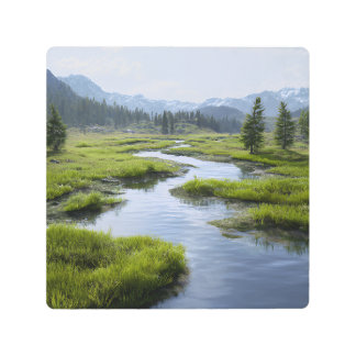 Alpine Valley Stream Green Meadows Snowy Peaks Metal Print