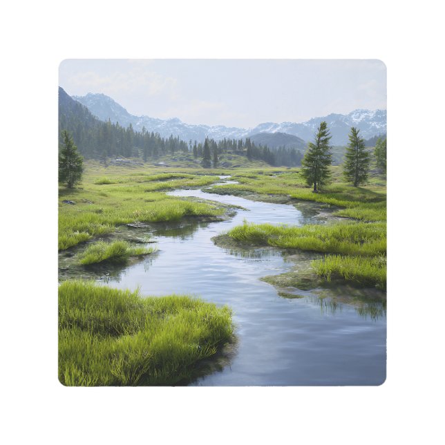 Alpine Valley Stream Green Meadows Snowy Peaks Metal Print (Front)