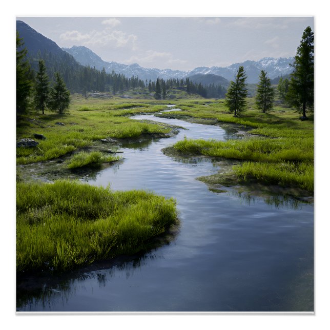 Alpine Valley Stream Green Meadows Snowy Peaks Poster (Front)
