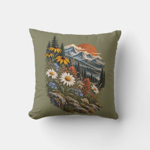 Alpine Wildflowers Mountain Sunset Vintage Landsca Throw Pillow