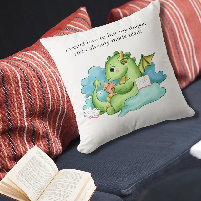 Already Made Plans Baby Dragon Reading Throw Pillow (baby dragon reading throw pillow, humor for introverts)