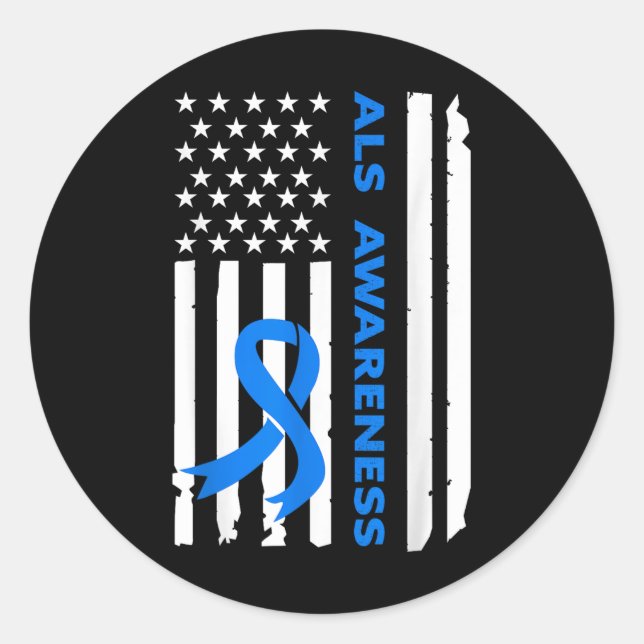 Als Awareness Blue Ribbon American Flag  Classic Round Sticker (Front)