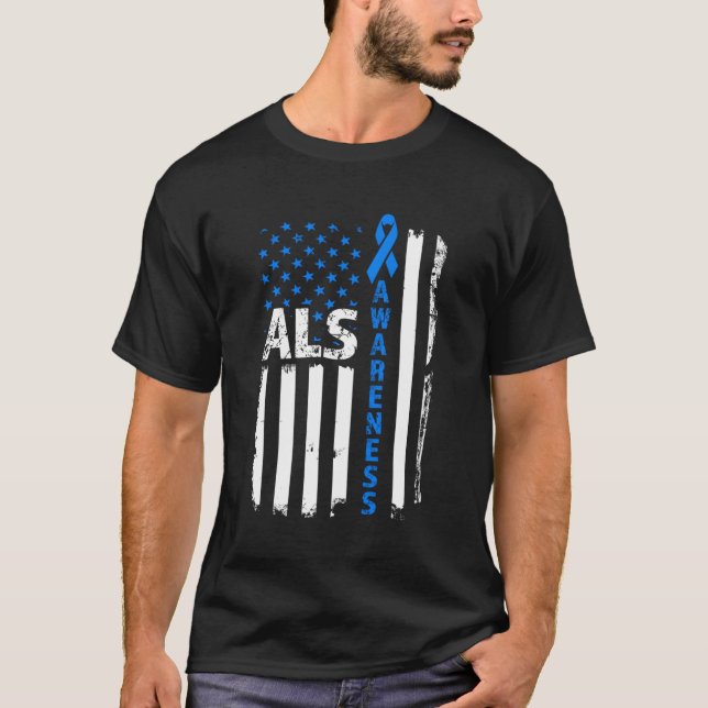 Als Awareness Blue Ribbon Us Flag T-Shirt (Front)
