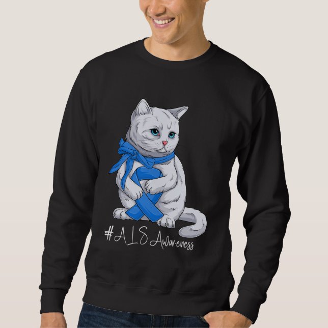 ALS Awareness Month Blue Ribbon Cat Sweatshirt (Front)