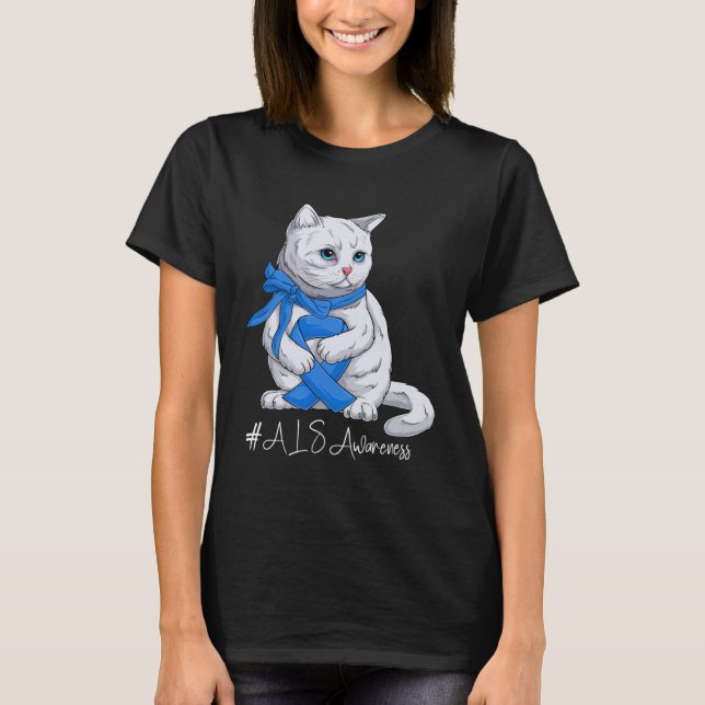 ALS Awareness Month Blue Ribbon Cat T-Shirt (Front)