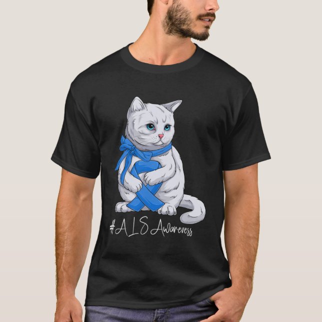 ALS Awareness Month Blue Ribbon Cat T-Shirt (Front)