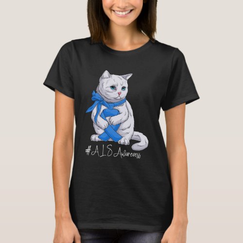 ALS Awareness Month Blue Ribbon Cat T_Shirt