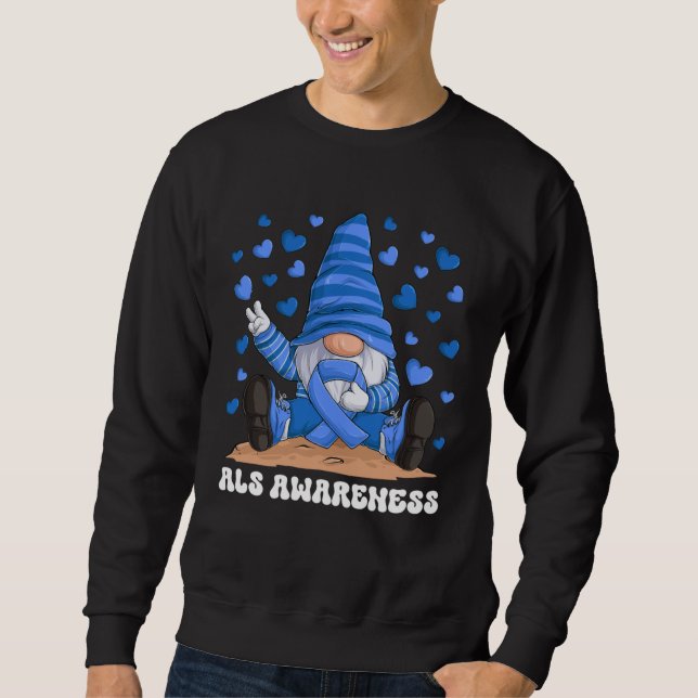 ALS Awareness Month Blue Ribbon Gnome Sweatshirt (Front)