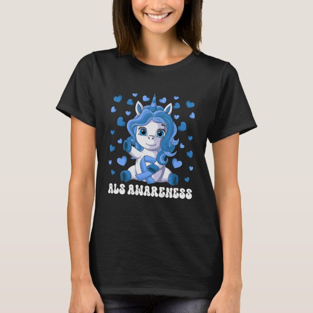 ALS Awareness Month Blue Ribbon Unicorn T-Shirt (Front)