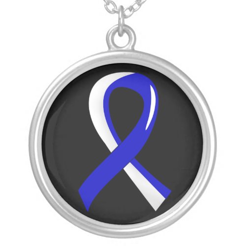 ALS Blue White Ribbon 3 Silver Plated Necklace