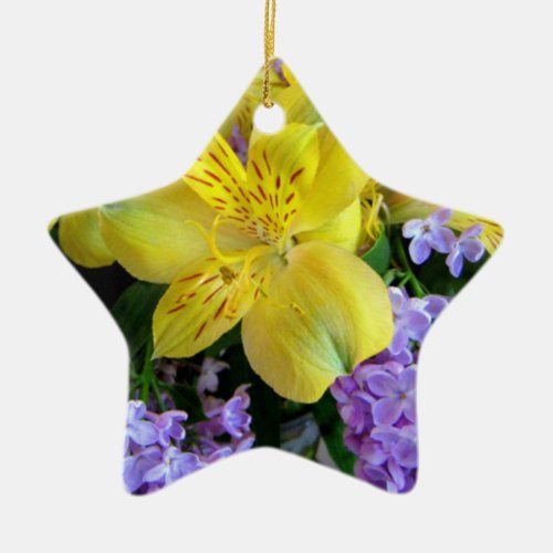 Alstroemeria and  Lilacs Flowers Ceramic Ornament