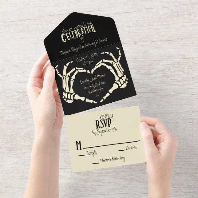 Alt. Heart Shaped Skeleton Hands Heart Wedding All In One Invitation ...