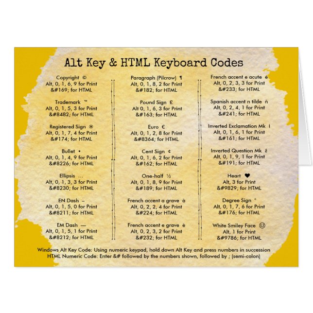 Alt Key and HTML Keyboard Codes Cards (Front Horizontal)