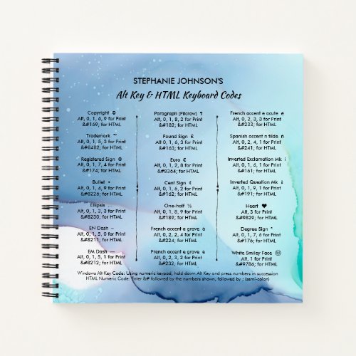 Alt Key and HTML Special Character Keyboard Codes Notebook