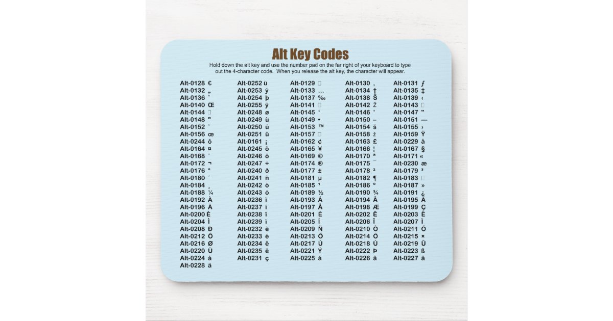 Alt Key Codes Mousepad Zazzle Com