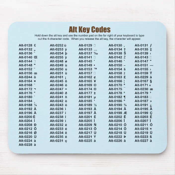 Alt Key Codes Mousepad Custom Gift Zazzle Com