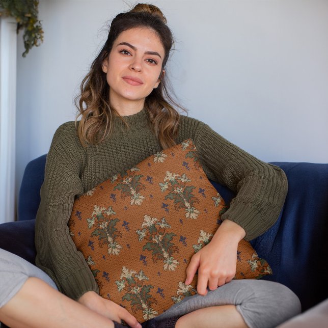 Alternating Bands  Large Floral Bouquets Homedecor Throw Pillow (mockup of a woman holding a Alternating Bands Large Floral Bouquets Homedecor Throw Pillow)
