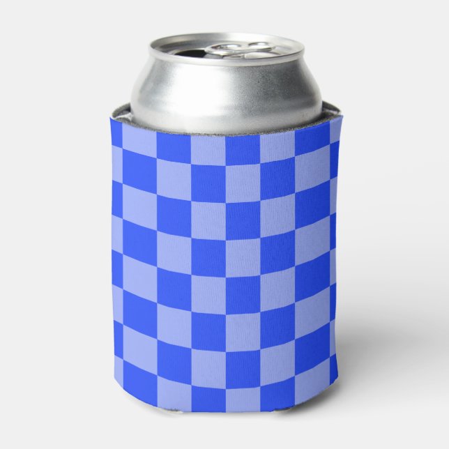 Alternating Blue and Light Purple Checkerboard Can Cooler (Can Front)