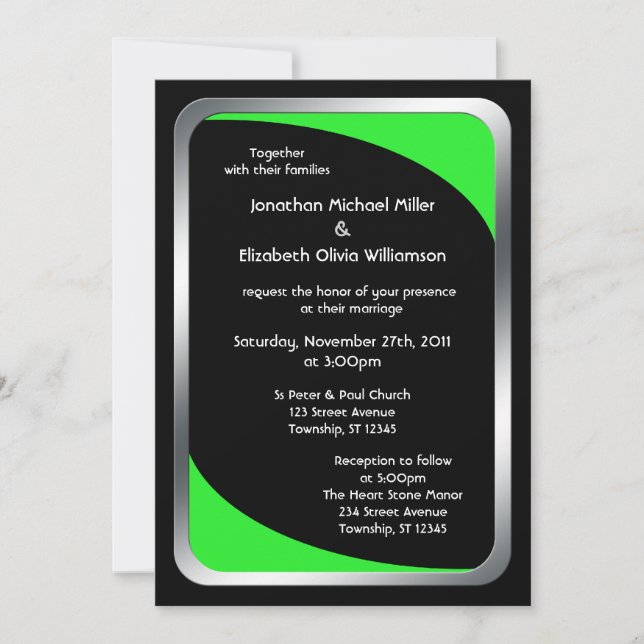 Alternative Black with Neon Green Wedding Invitation (Front)