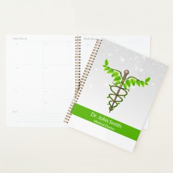 Alternative Caduceus Green Leaves White Medical Planner by SorayaShanCollection at Zazzle