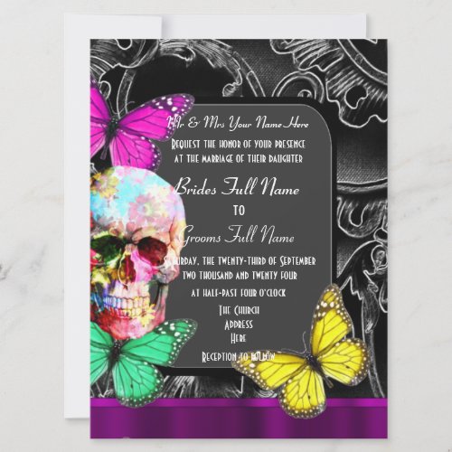 Alternative gothic sugar skull wedding invitation