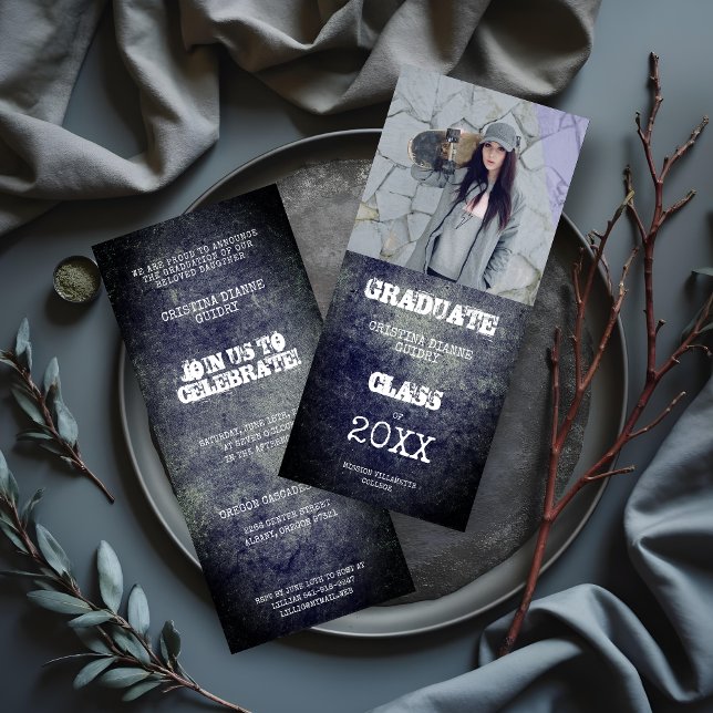 Alternative Graduate Grey Dirty Metal Texture (Modern Alternative Graduate Grey Dirty Metal Texture Photo Invitations Cards. )