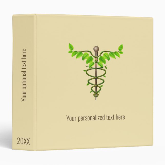 Alternative Medical Caduceus Green Leaves Beige 3 Ring Binder (Front/Spine)
