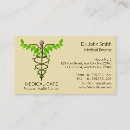 Alternative Medical Caduceus Green Leaves Beige Business Card