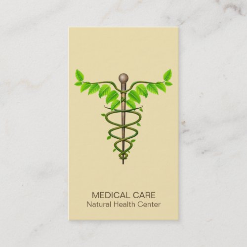 Alternative Medical Caduceus Green Leaves Beige Business Card