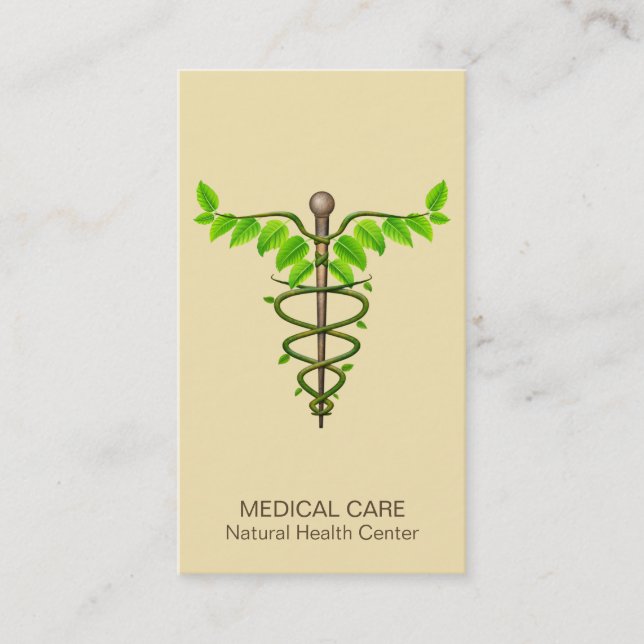Alternative Medical Caduceus Green Leaves Beige Business Card (Front)