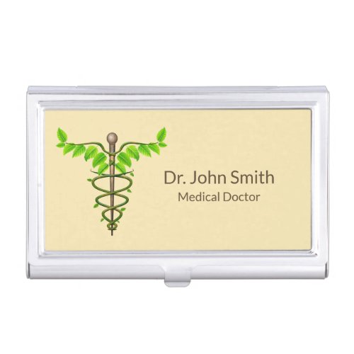 Alternative Medical Caduceus Green Leaves Beige Business Card Case