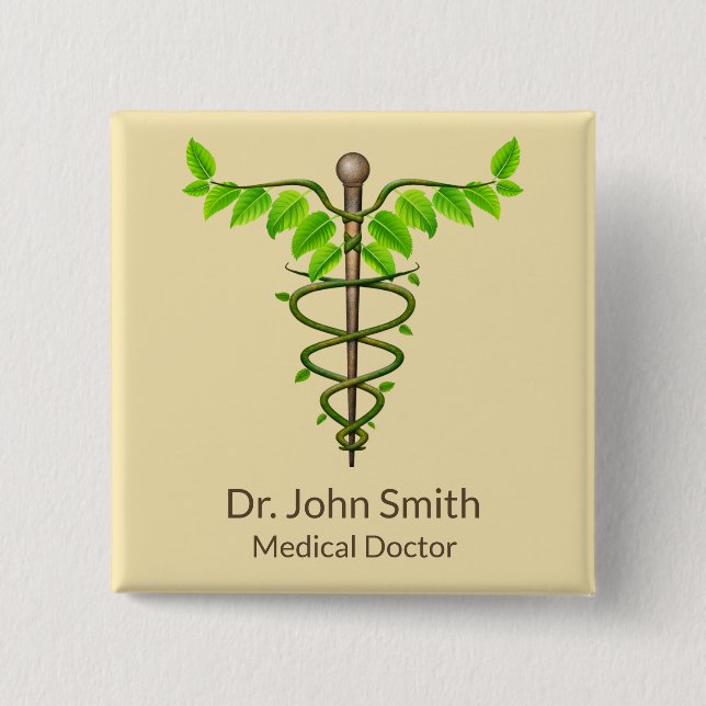 Alternative Medical Caduceus Green Leaves Beige Button (Front)