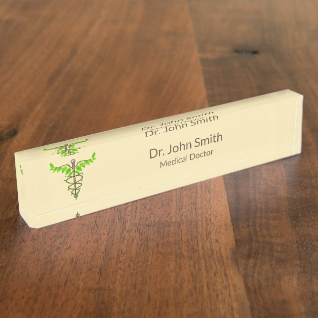 Alternative Medical Caduceus Green Leaves Beige Desk Name Plate (Side)