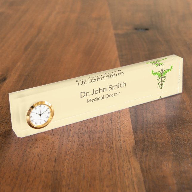 Alternative Medical Caduceus Green Leaves Beige Desk Name Plate (Side)