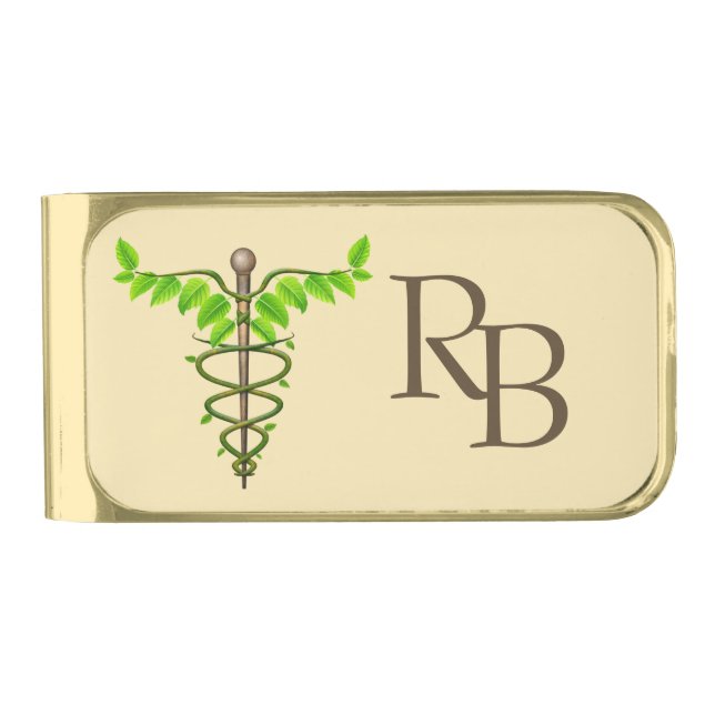 Alternative Medical Caduceus Green Leaves Beige Gold Finish Money Clip (Front)